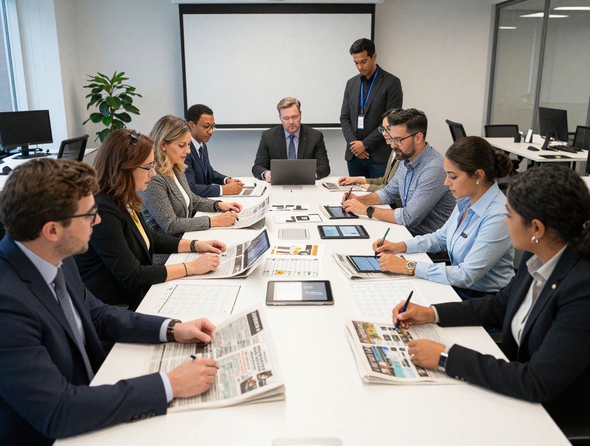 Diverse team of journalism educators and media professionals gathered around a large conference table reviewing newspapers, tablets, and printed editorial calendars in a modern Chicago newsroom