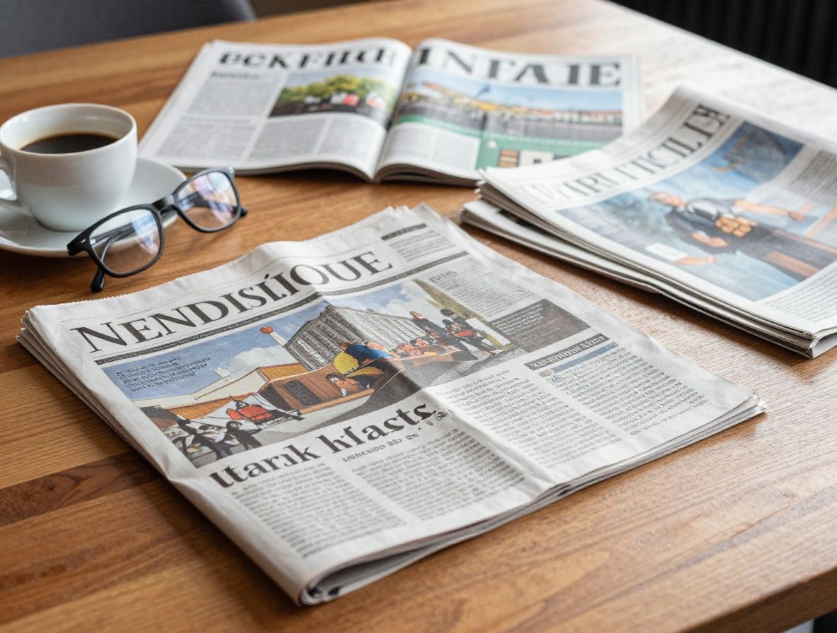 Stack of international newspapers and magazines spread across a wooden table with a cup of black coffee and reading glasses beside them in morning light