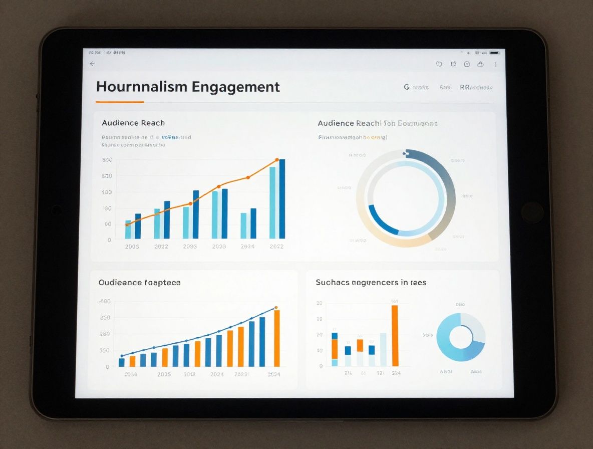 Social media metrics dashboard displayed on a tablet screen showing journalism engagement statistics, audience reach graphs, and content performance analytics