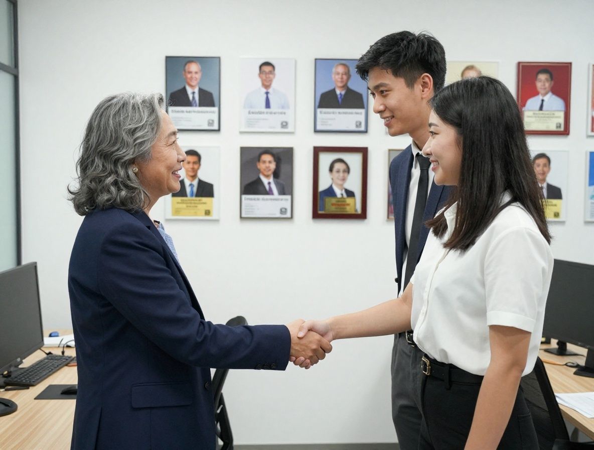 Young journalist shaking hands with a senior editor in a bright modern newsroom during a job interview, with press passes and editorial awards visible on the wall behind them