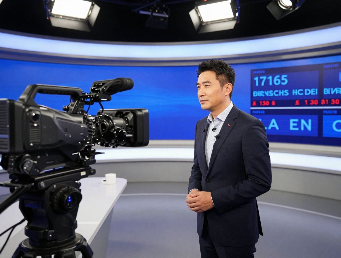 News anchor presenting live from a professional broadcast studio with studio lights, camera equipment, and a digital news ticker visible in the background