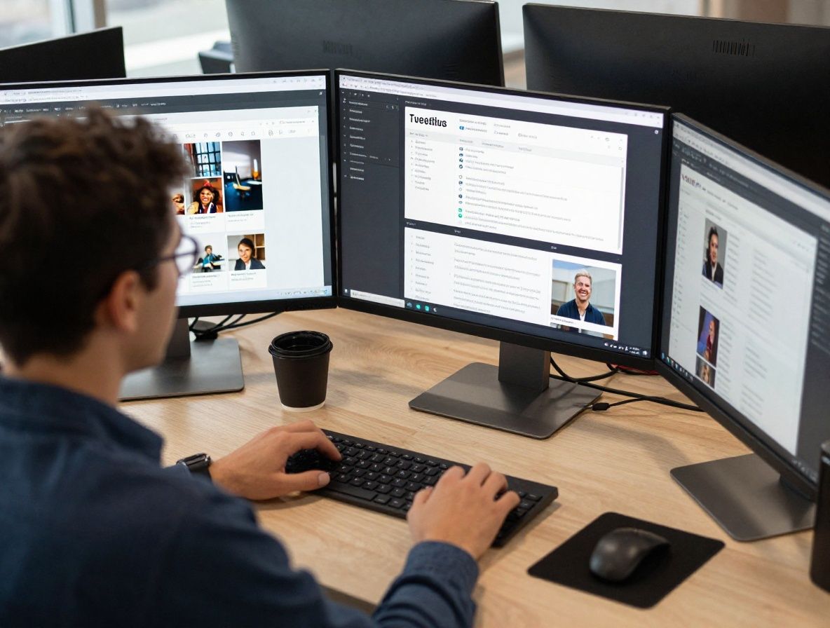 Journalism student working on digital content creation using multiple screens showing social media analytics and news website dashboards in a modern office