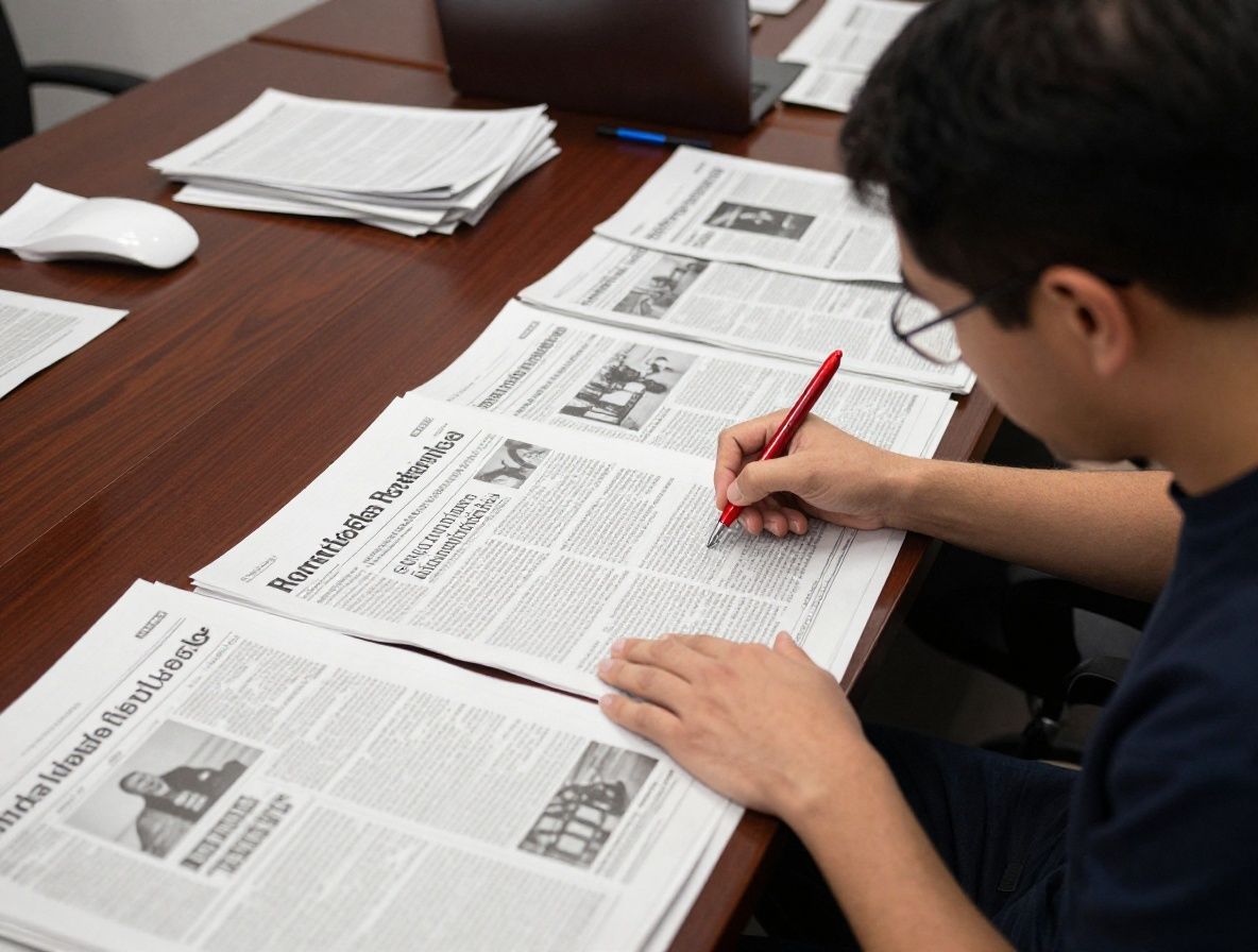 Experienced editor reviewing and marking up a printed news article manuscript with a red pen at a large wooden editorial desk covered with newspapers