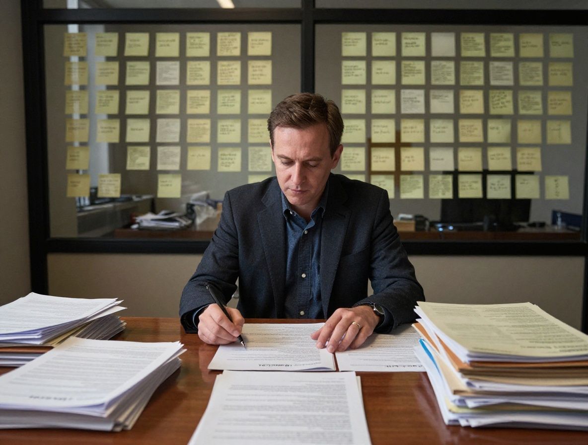 Investigative journalist surrounded by printed documents, evidence boards, and research materials in a dimly lit office with sticky notes on a glass wall