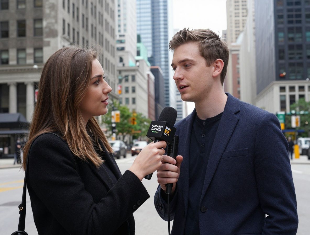 Young journalist conducting an outdoor interview with a microphone and recording device on a busy Chicago street with tall buildings in the background