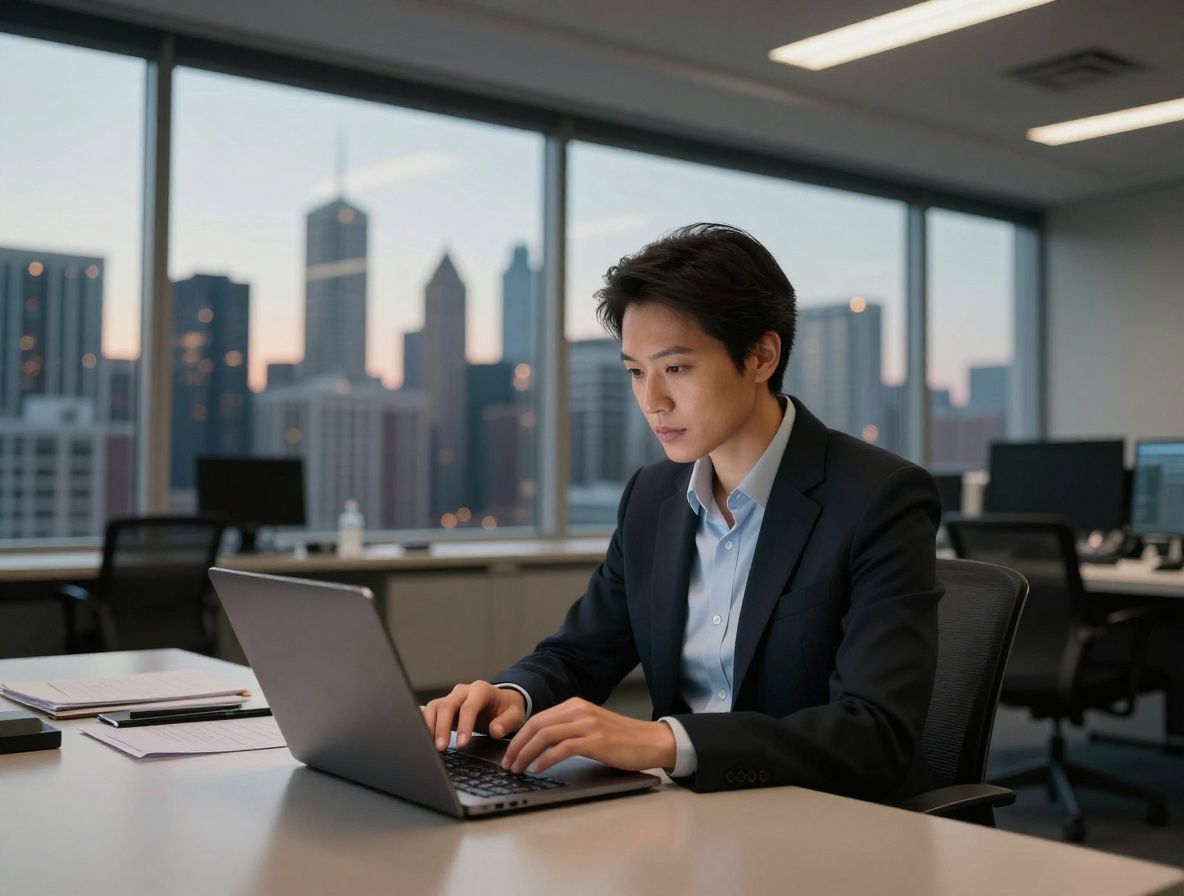 Professional journalist typing on a laptop in a modern Chicago newsroom with the city skyline visible through floor-to-ceiling windows at dusk