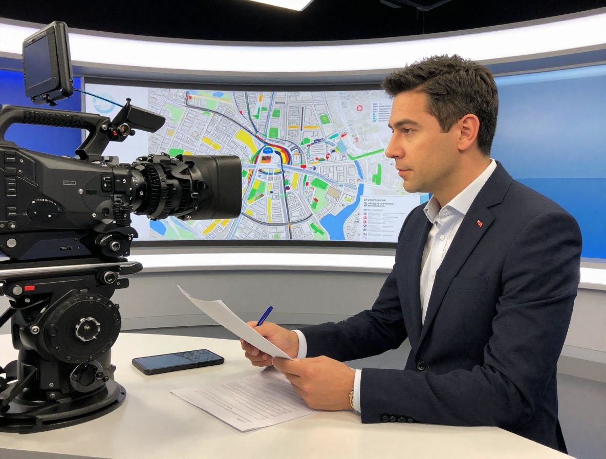 Award-winning Chicago journalist giving a masterclass lecture to an engaged group of aspiring reporters in a brightly lit seminar room with news clippings on the walls