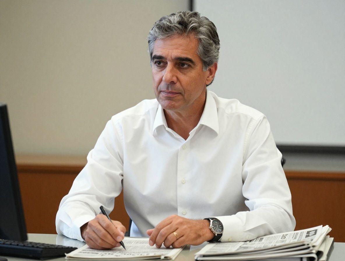Professional male journalist in his late 40s with grey-streaked hair wearing a white dress shirt sitting at an editorial desk with newspapers and notebooks