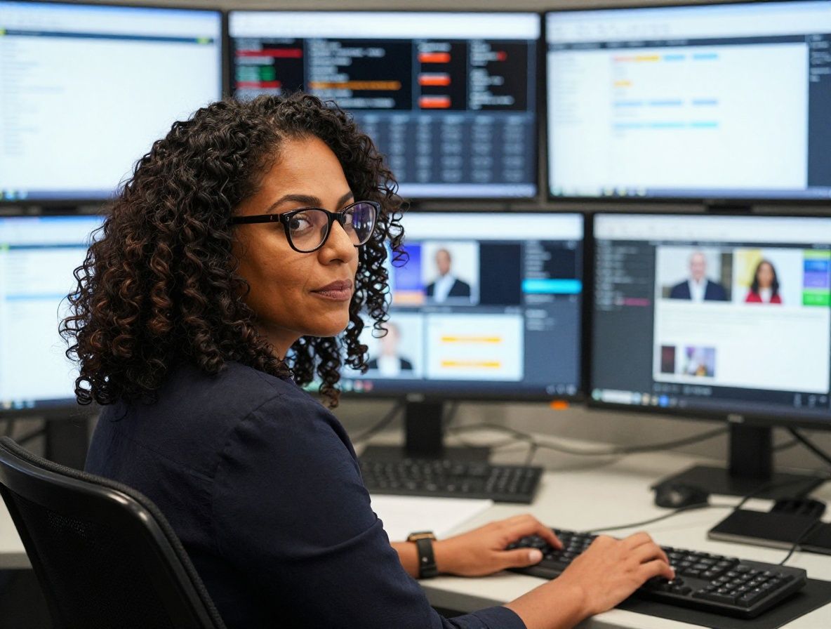 Professional female journalist in her late 30s with dark curly hair and glasses sitting in front of multiple computer screens displaying news analytics dashboards