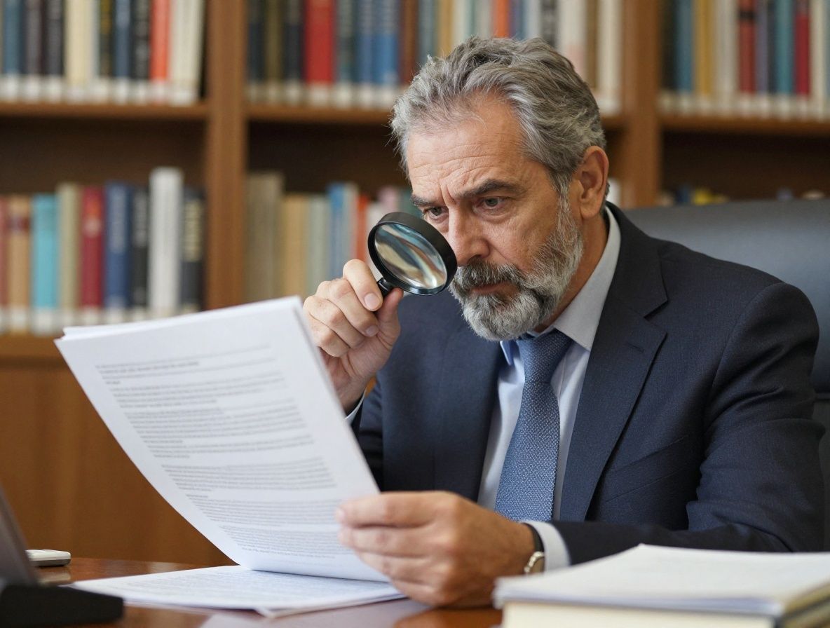 Distinguished male investigative journalist in his 50s with a salt-and-pepper beard reviewing printed documents with a magnifying glass in a book-lined office