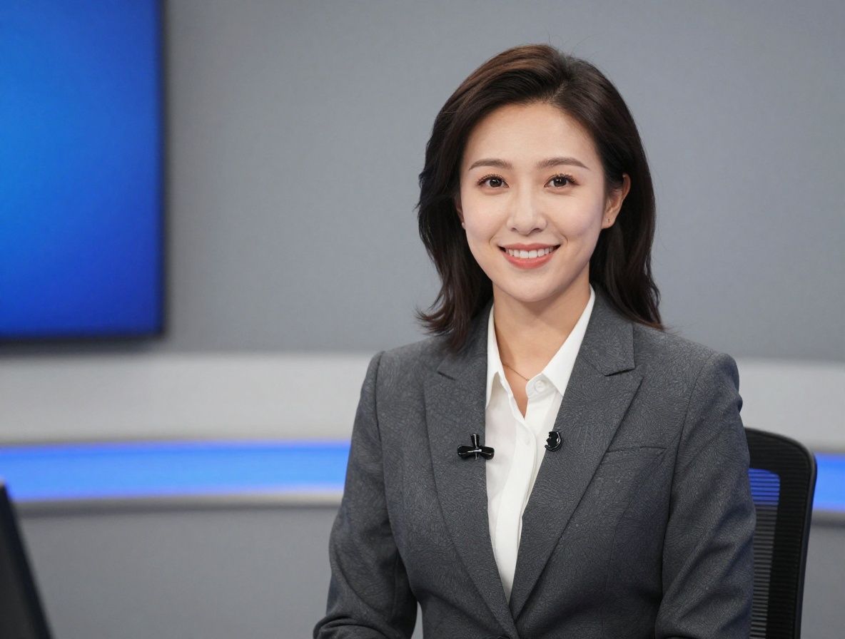 Young Black female journalist in her late 20s smiling confidently in a professional newsroom, wearing a blazer with a press badge clipped to her collar