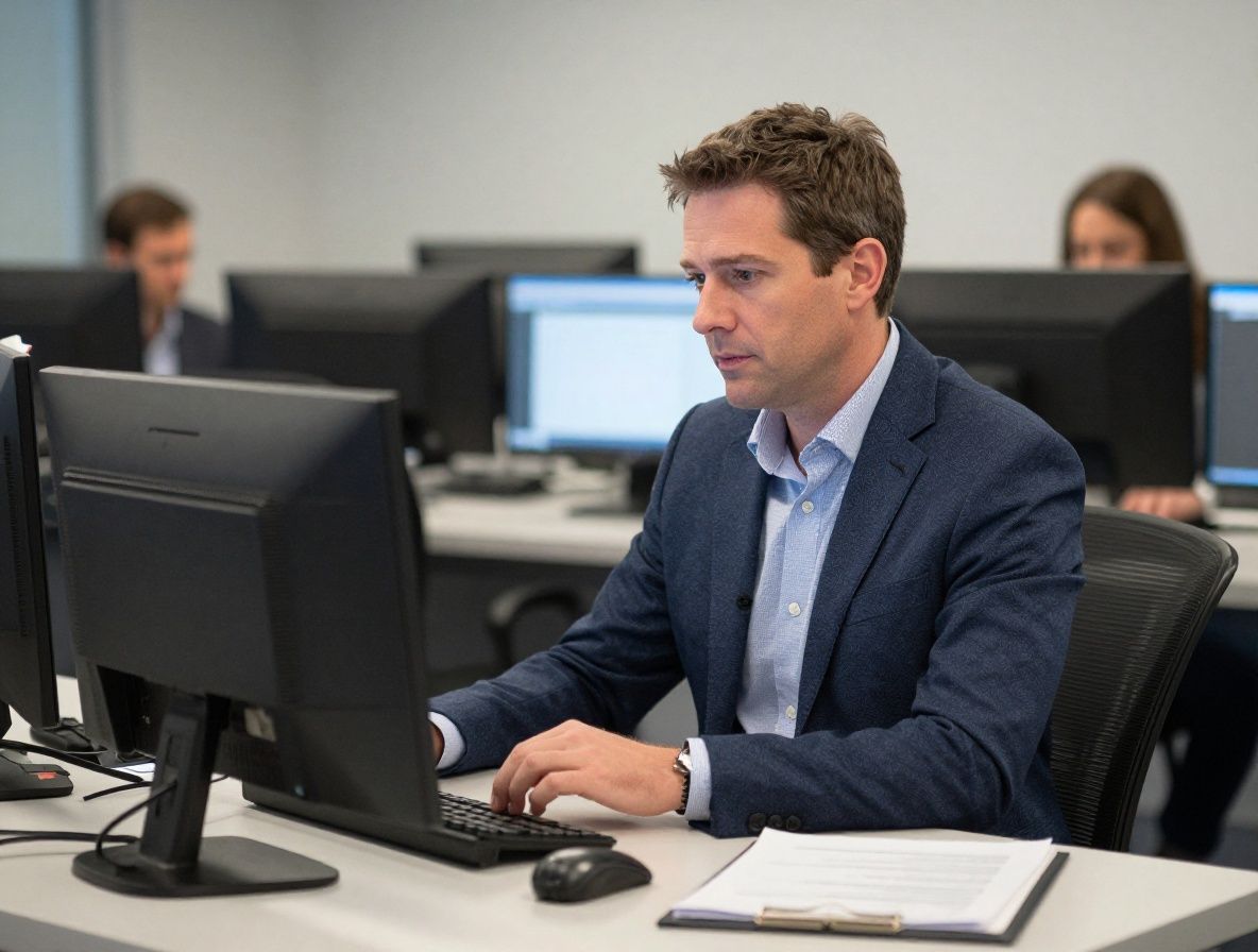 Mid-career white male journalist in his 40s with short brown hair sitting at a Bloomberg terminal desk in a financial newsroom environment, dressed in business casual